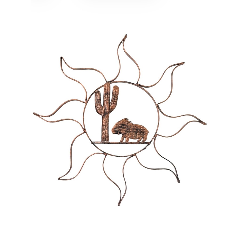 Rustic Southwestern Metal Wall Art Javelina Wild Boar Pig Cactus Sunburst 21"